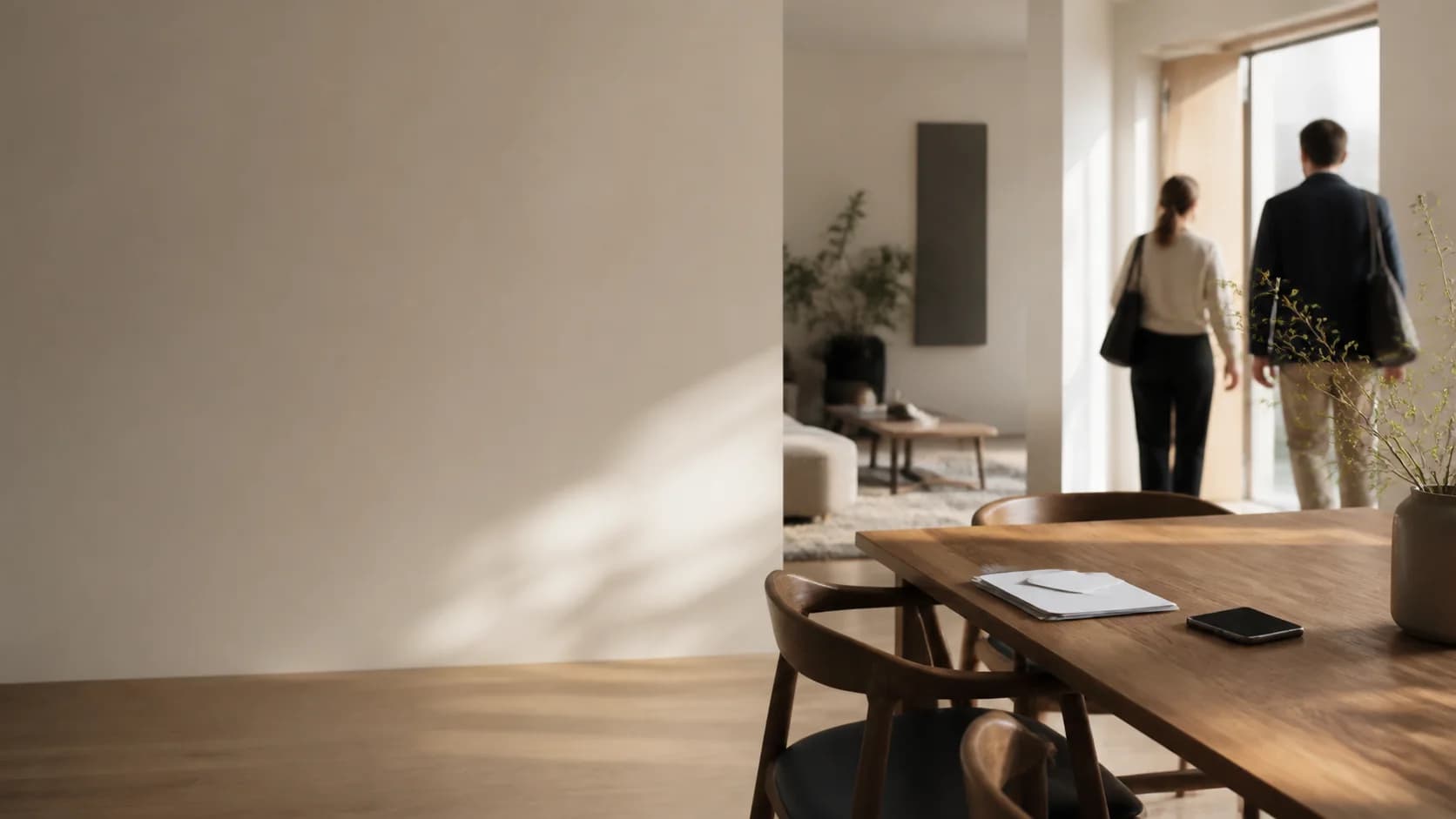 A calm home with a letter on the table and a couple heading out for the day